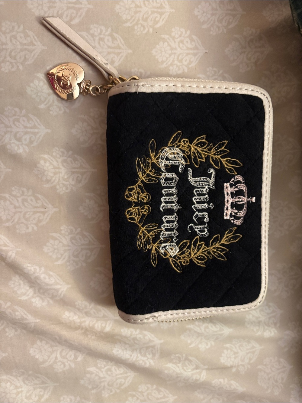 Juicy Couture Black Quilted Wallet with Cream Trim and Gold Embroidery - Picture 1 of 8